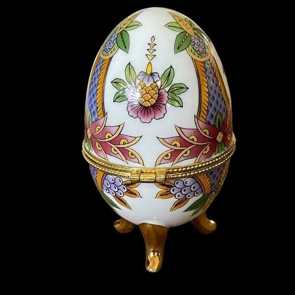 Porcelain Faberge Style Hand Painted Egg Trinket Box Unique Gift Jewelry Holder - Picture 4 of 9